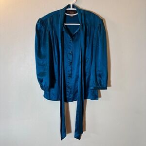 Victor Alfaro Teal 100% Silk Tie Neck Pleated Blouse Blue Size 8
